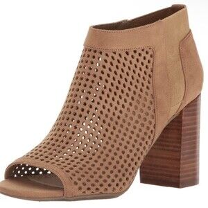 Guess Olysa Perforated Upper Taupe Block Heel Open Toe Bootie Size 5.5